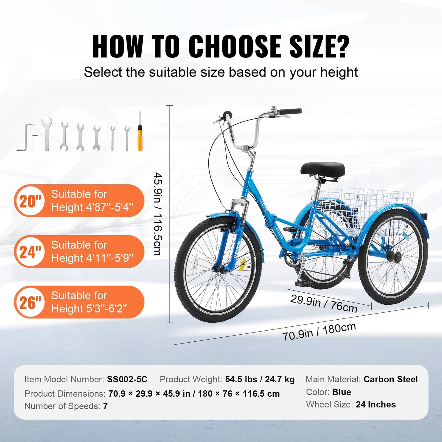 VEVOR Folding Adult Tricycle, 24-Inch 7-Speed Adult Folding Trikes, Carbon Steel 3 Wheel Cruiser Bike with Basket & Adjustable Seat, Shopping Picnic Foldable Tricycles for Women, Men, Seniors (Blue)