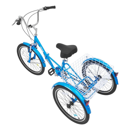 VEVOR Folding Adult Tricycle, 24-Inch 7-Speed Adult Folding Trikes, Carbon Steel 3 Wheel Cruiser Bike with Basket & Adjustable Seat, Shopping Picnic Foldable Tricycles for Women, Men, Seniors (Blue)
