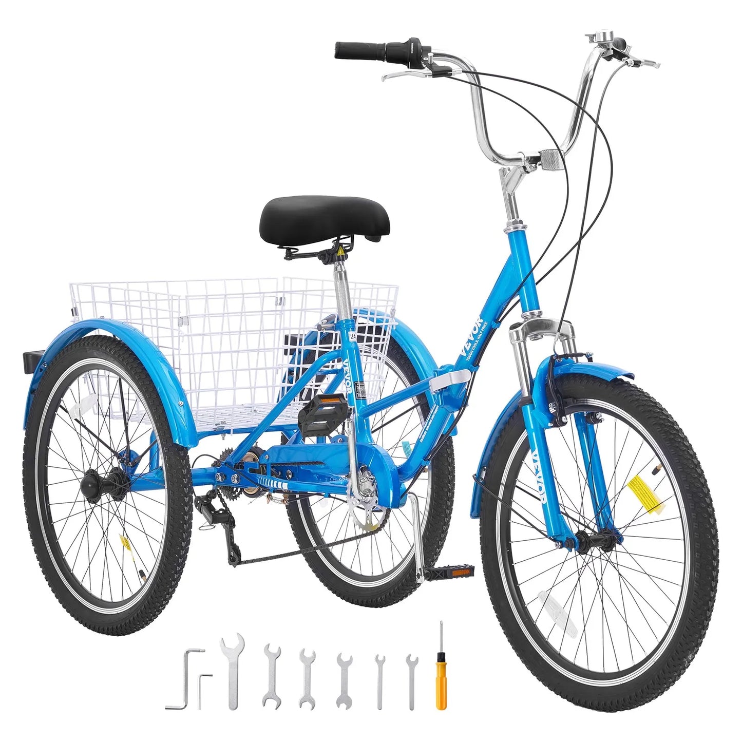 VEVOR Folding Adult Tricycle, 24-Inch 7-Speed Adult Folding Trikes, Carbon Steel 3 Wheel Cruiser Bike with Basket & Adjustable Seat, Shopping Picnic Foldable Tricycles for Women, Men, Seniors (Blue)