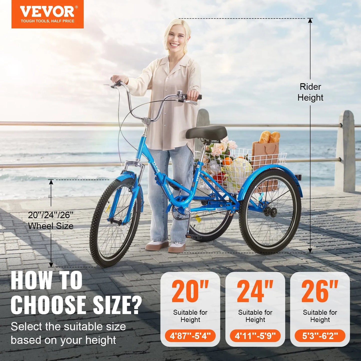 VEVOR Folding Adult Tricycle, 24-Inch Adult Folding Trikes, Carbon Steel 3 Wheel Cruiser Bike with Large Basket & Adjustable Seat, Shopping Picnic Foldable Tricycles for Women, Men, Seniors (Blue)
