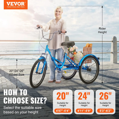 VEVOR Folding Adult Tricycle, 24-Inch Adult Folding Trikes, Carbon Steel 3 Wheel Cruiser Bike with Large Basket & Adjustable Seat, Shopping Picnic Foldable Tricycles for Women, Men, Seniors (Blue)