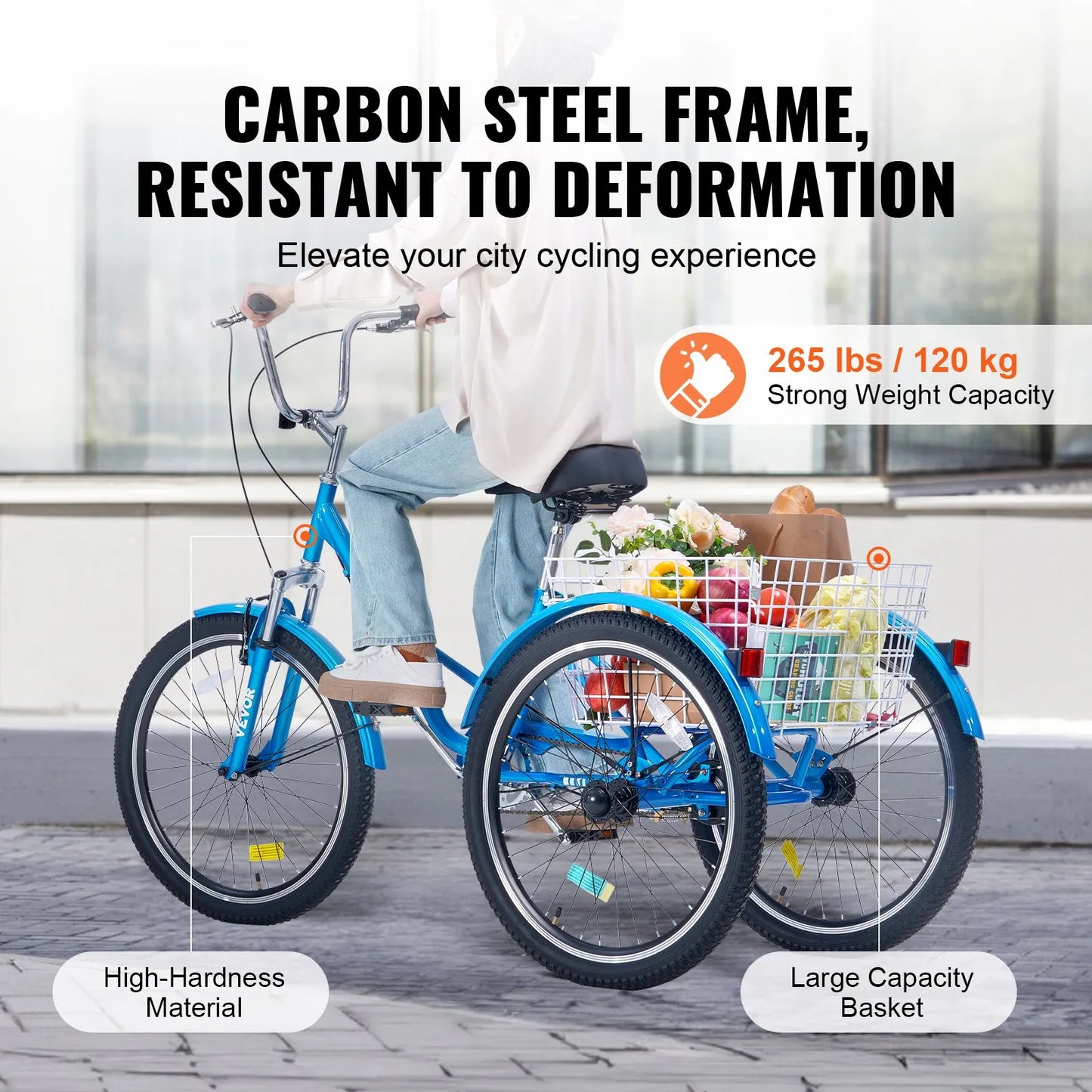 VEVOR Folding Adult Tricycle, 24-Inch Adult Folding Trikes, Carbon Steel 3 Wheel Cruiser Bike with Large Basket & Adjustable Seat, Shopping Picnic Foldable Tricycles for Women, Men, Seniors (Blue)