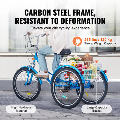 VEVOR Folding Adult Tricycle, 24-Inch Adult Folding Trikes, Carbon Steel 3 Wheel Cruiser Bike with Large Basket & Adjustable Seat, Shopping Picnic Foldable Tricycles for Women, Men, Seniors (Blue)