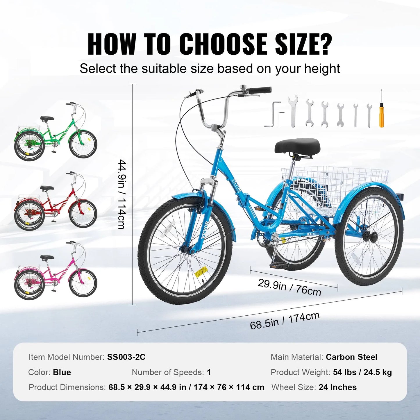 VEVOR Folding Adult Tricycle, 24-Inch Adult Folding Trikes, Carbon Steel 3 Wheel Cruiser Bike with Large Basket & Adjustable Seat, Shopping Picnic Foldable Tricycles for Women, Men, Seniors (Blue)