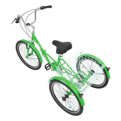 VEVOR Folding Adult Tricycle, 24-Inch 7-Speed Adult Folding Trikes, Carbon Steel 3 Wheel Cruiser Bike with Basket & Adjustable Seat, Shopping Picnic Foldable Tricycles for Women, Men, Seniors (Green)