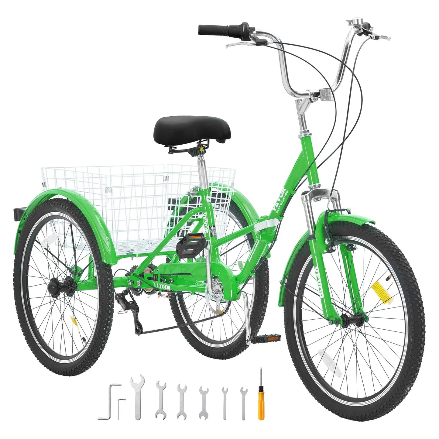 VEVOR Folding Adult Tricycle, 24-Inch 7-Speed Adult Folding Trikes, Carbon Steel 3 Wheel Cruiser Bike with Basket & Adjustable Seat, Shopping Picnic Foldable Tricycles for Women, Men, Seniors (Green)
