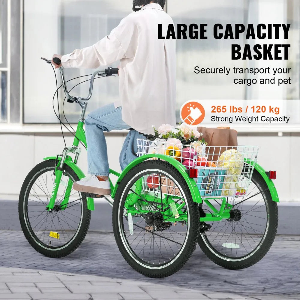 VEVOR Folding Adult Tricycle, 26-Inch 7-Speed Adult Folding Trikes, Carbon Steel 3 Wheel Cruiser Bike with Basket & Adjustable Seat, Shopping Picnic Foldable Tricycles for Women, Men, Seniors (Green)