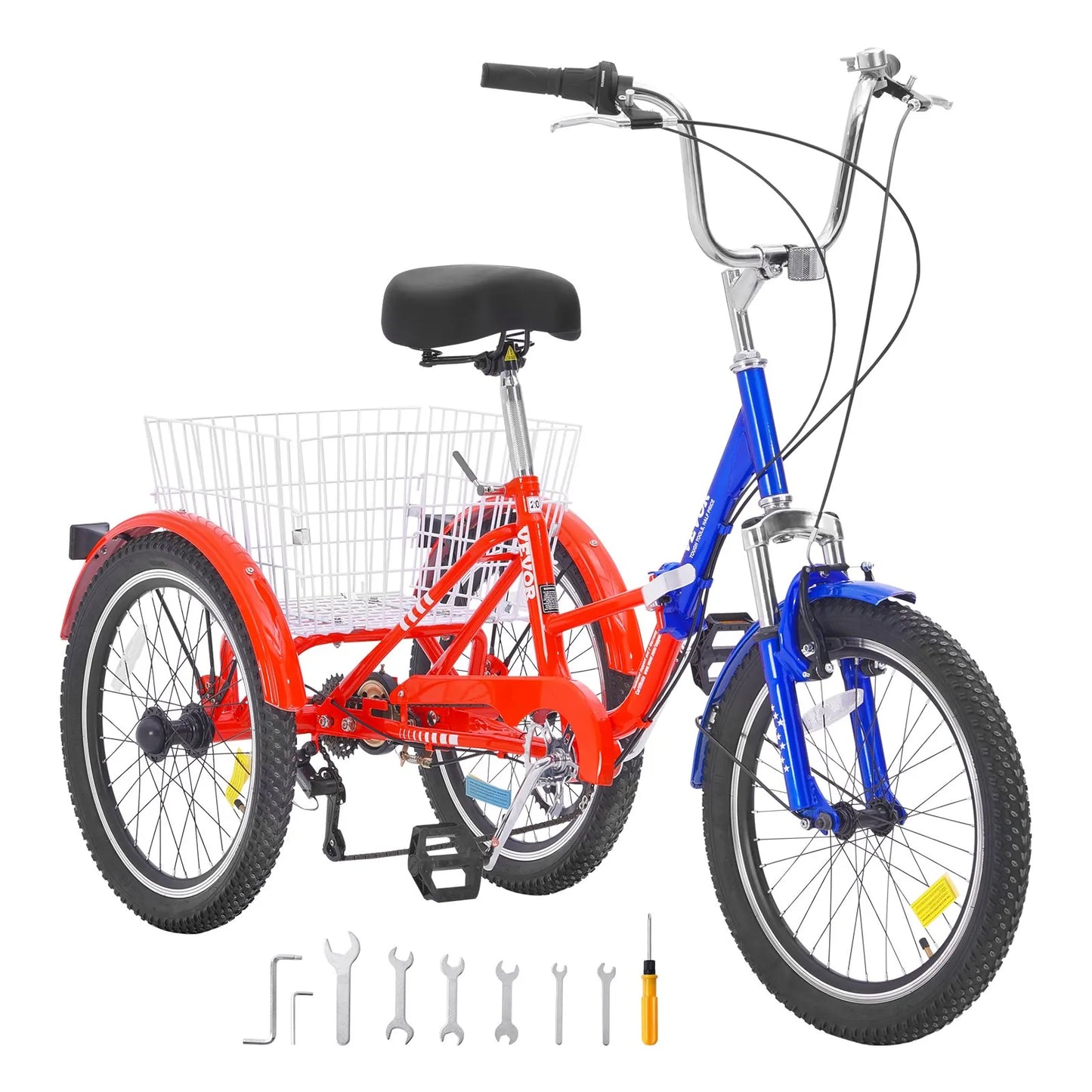 VEVOR Folding Adult Tricycle, 20-Inch 7-Speed Adult Folding Trikes, Carbon Steel 3 Wheel Cruiser Bike with Large Basket & Adjustable Seat, Shopping Picnic Foldable Tricycles for Women, Men, Seniors