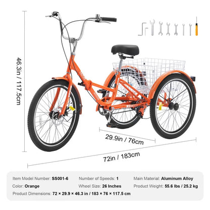 VEVOR Folding Adult Tricycle, 26-Inch Adult Folding Trikes, Lightweight Aluminum Alloy 3 Wheel Cruiser Bike with Large Rear Basket, Shopping Picnic Foldable Tricycles for Adults, Women, Men, Seniors